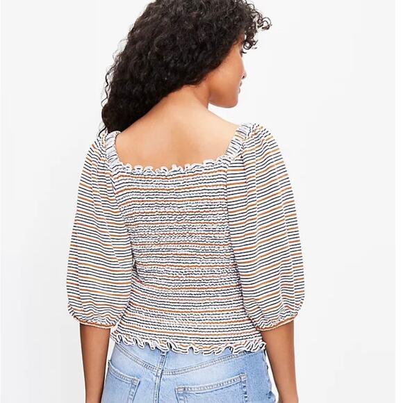 Loft Striped White and Brown Smocked Drape 3/4 Sleeve Cottagecore Blouse - Picture 2 of 7